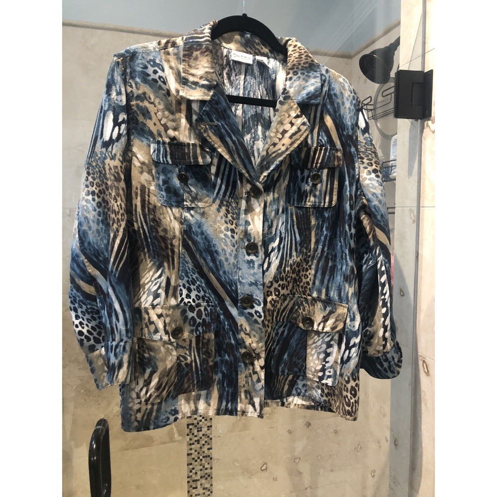 Chicos Animal Print Faux Suede Button Down Jacket Blue Tan Size 2 L